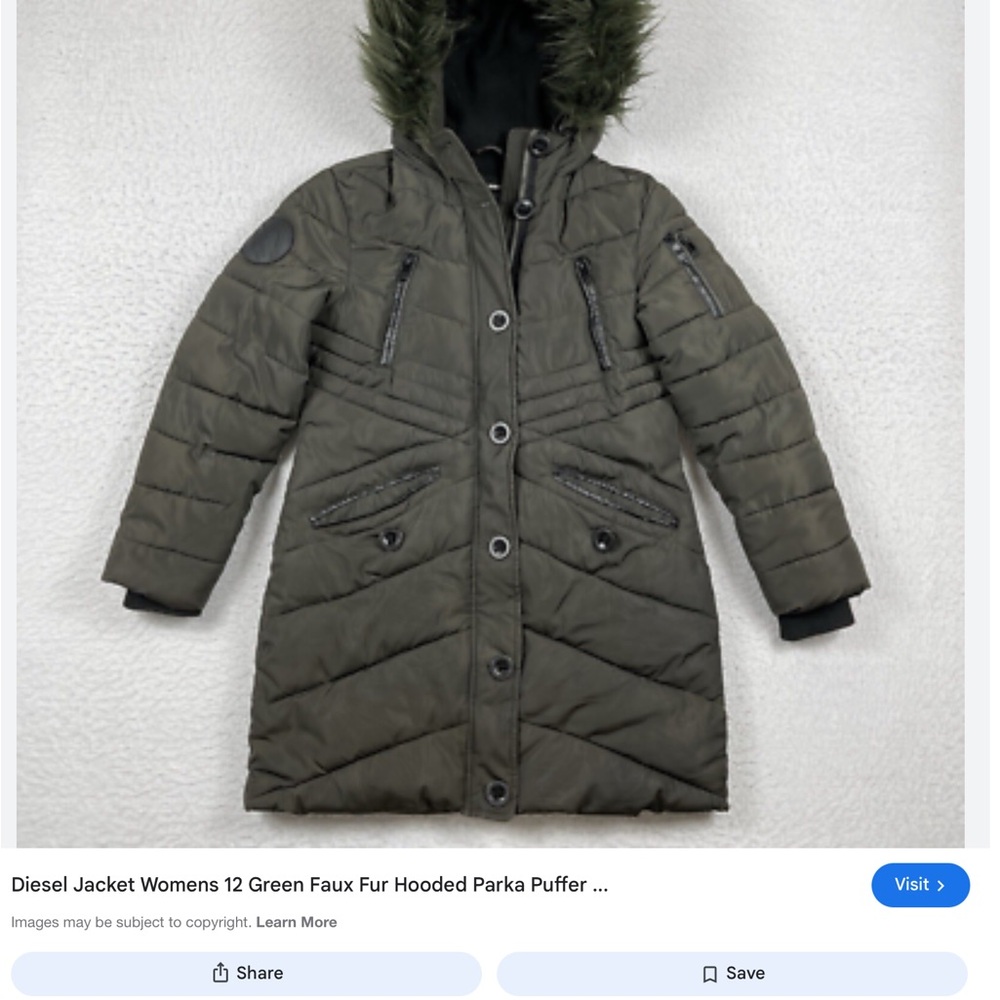 Diesel Olive Quilted Coat with Faux Fur Hood